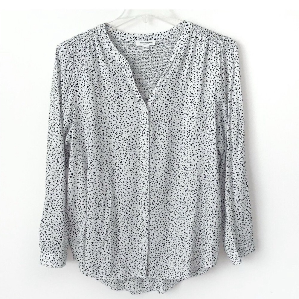 Beach Lunch Lounge Top Womens XL Long Sleeve Button Up White Dalmatian Print